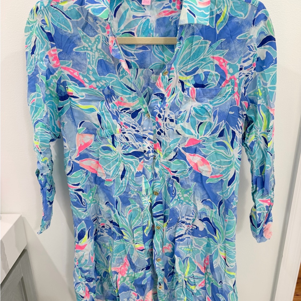 Lilly Pulitzer Blue and Pink Women's Long Sleeve Cover-Up